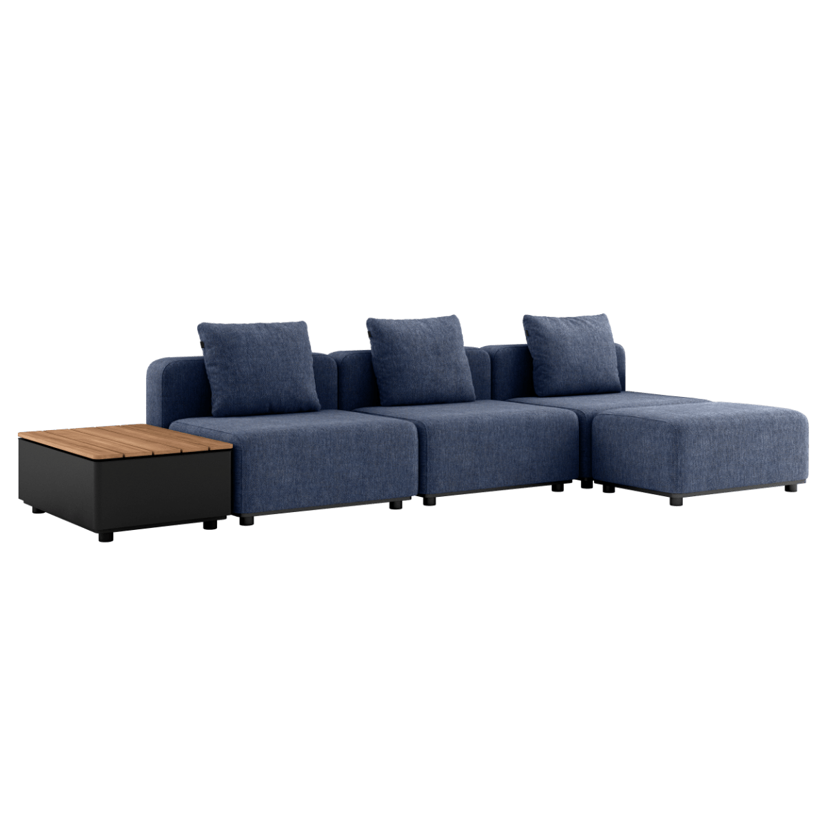 Dreisitziges Cobana Lounge Sofa in Kirra Indigo ohne Armlehnen mit Hocker und Patio Storage Table aus Aluminium und Teakholz. | Cobana Lounge Sofa - 3 seater w/ Patio Storage Table - Kirra Indigo Ohne Armlehnen Mit Hocker | SACKit