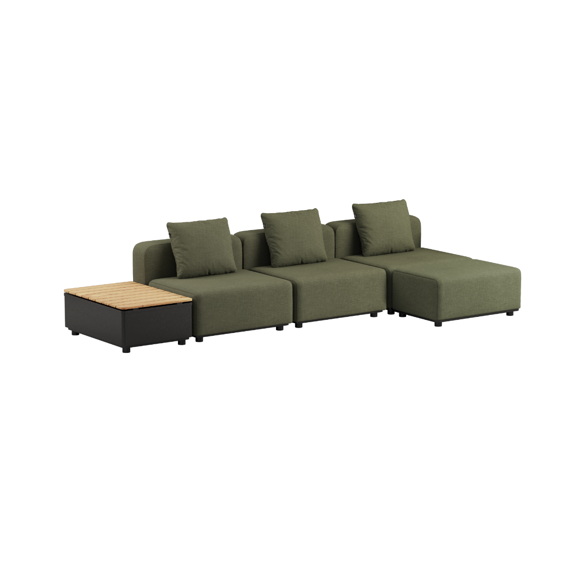 Dreisitziges Cobana Lounge Sofa in Kirra Olive mit Patio Storage Table aus Aluminium und Teakholz. | Cobana Lounge Sofa - 3 seater w/ Patio Storage Table - Kirra Olive Ohne Armlehnen Ohne Hocker | SACKit