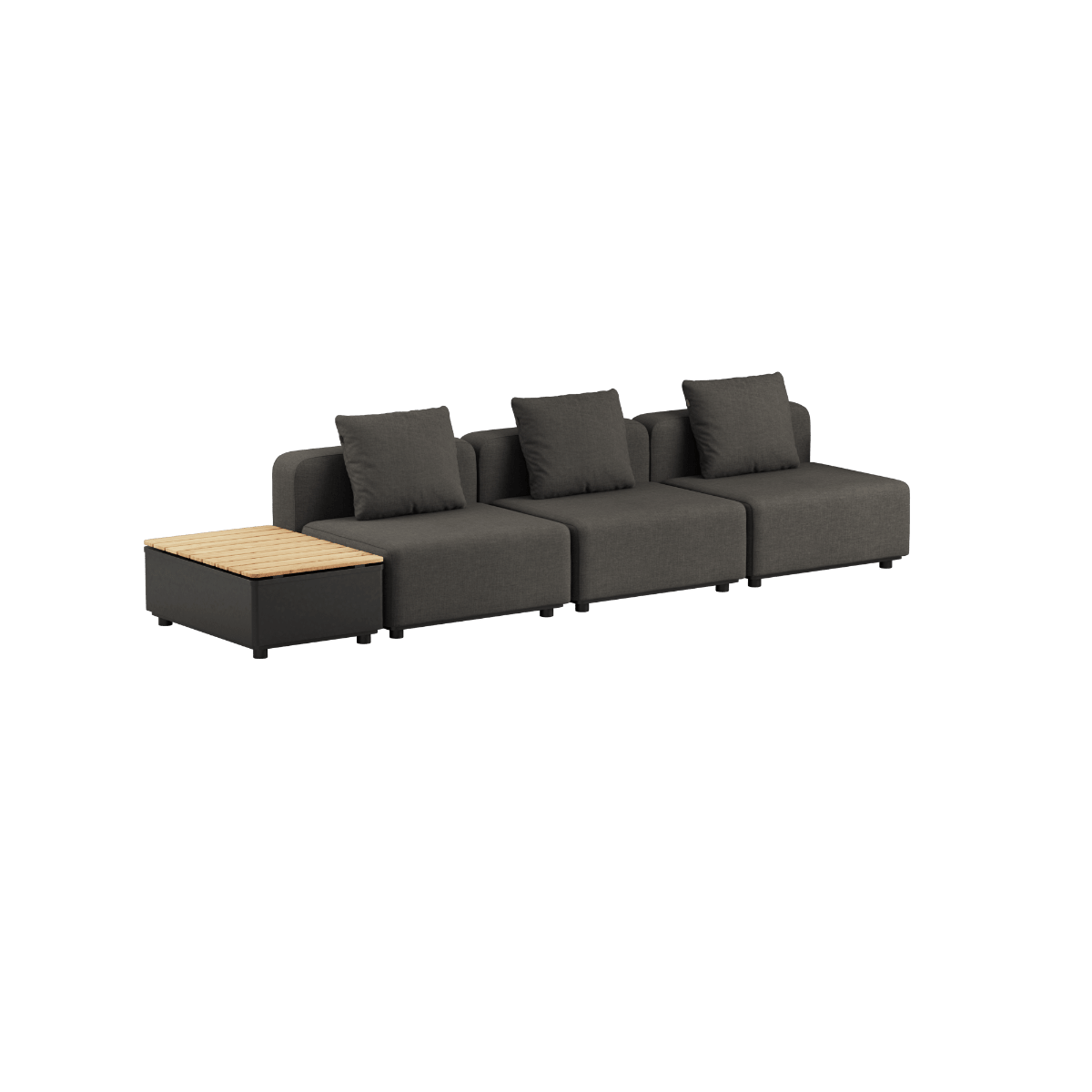 Dreisitziges Cobana Lounge Sofa in Kirra Noir ohne Armlehnen und Hocker mit Patio Storage Table aus Aluminium und Teakholz | Cobana Lounge Sofa - 3 seater w/ Patio Storage Table - Kirra Noir Ohne Armlehnen Ohne Hocker | SACKit
