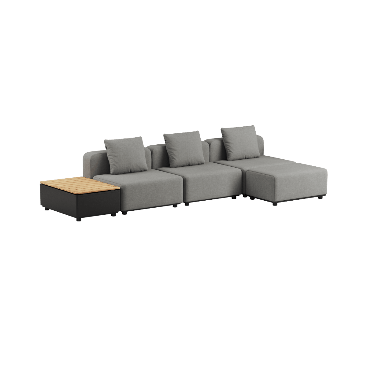Dreisitziges Cobana Lounge Sofa in Kirra Grey ohne Armlehnen mit Hocker und Patio Storage Table aus Aluminium und Teakholz | Cobana Lounge Sofa - 3 seater w/ Patio Storage Table - Kirra Grey Ohne Armlehnen Mit Hocker | SACKit