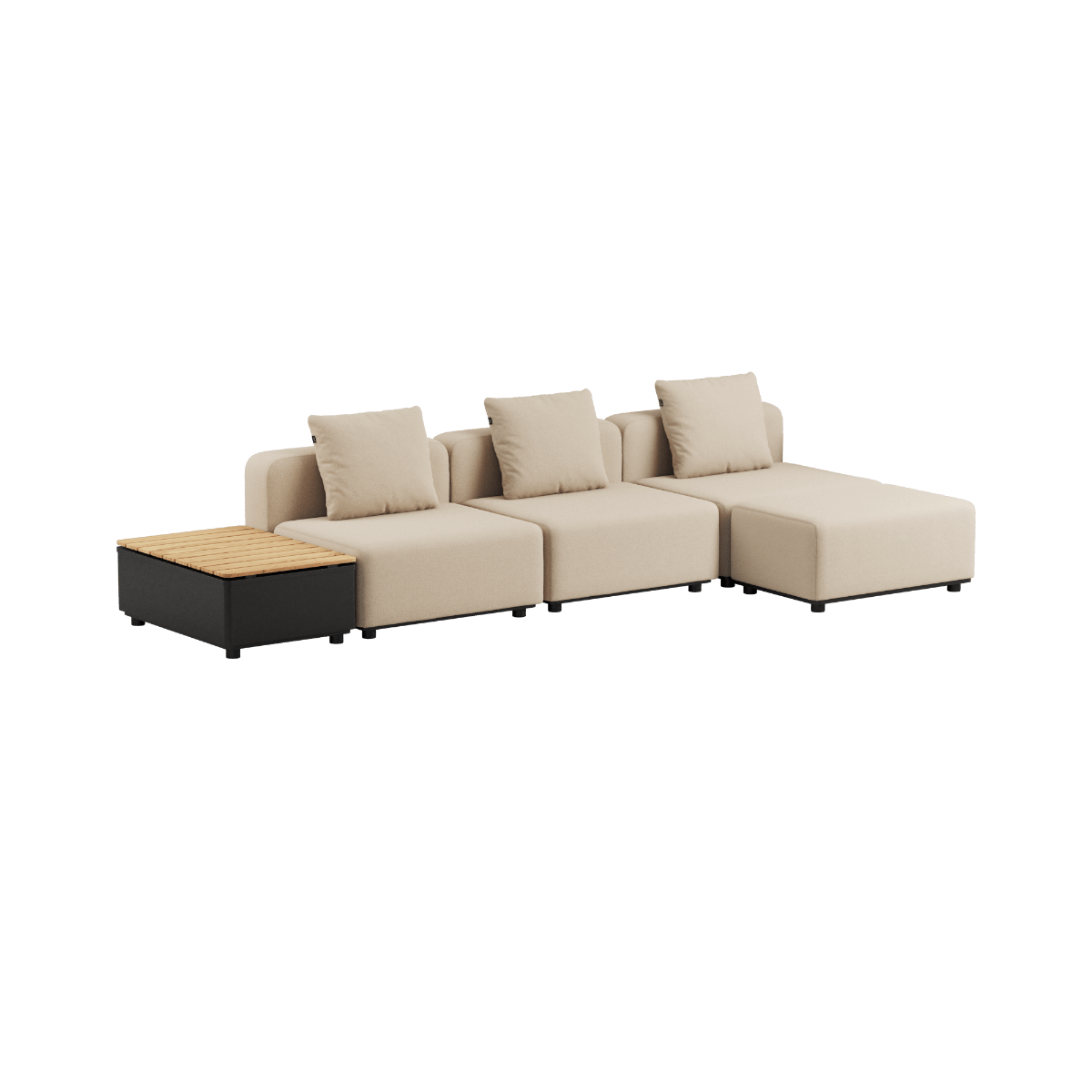 Cobana Lounge Sofa 3 - Sitzer in Bouclé Beige ohne Armlehnen mit Hocker und Patio Storage Table aus Aluminium und Teakholz. | Cobana Lounge Sofa - 3 seater w/ Patio Storage Table - Boucle Beige Ohne Armlehnen Mit Hocker | SACKit