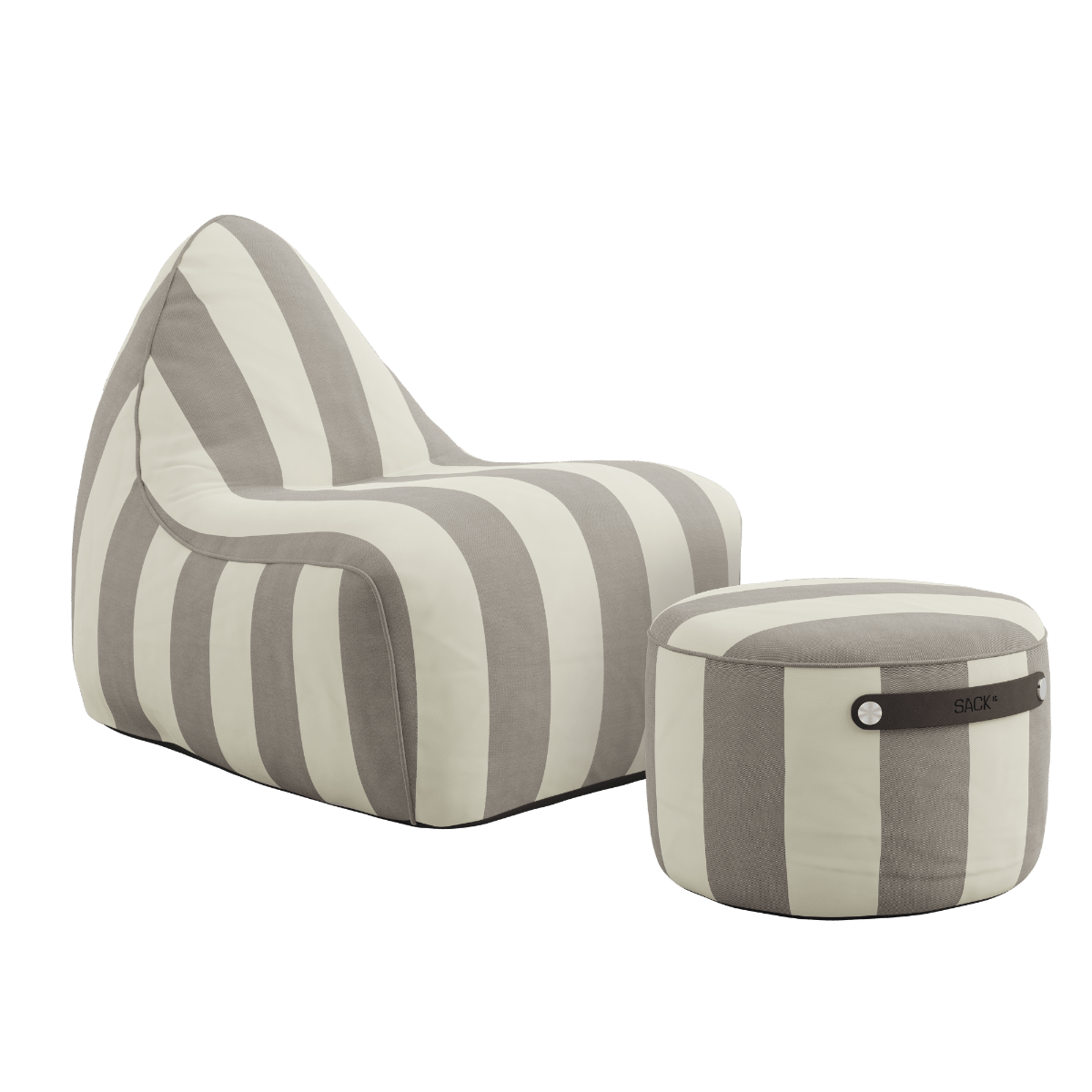 Gestreifter sackit Outdoor Sessel mit passendem Pouf in Creme und Grau für Garten Balkon und Terrasse wetterfestes Design für nordisches Wetter