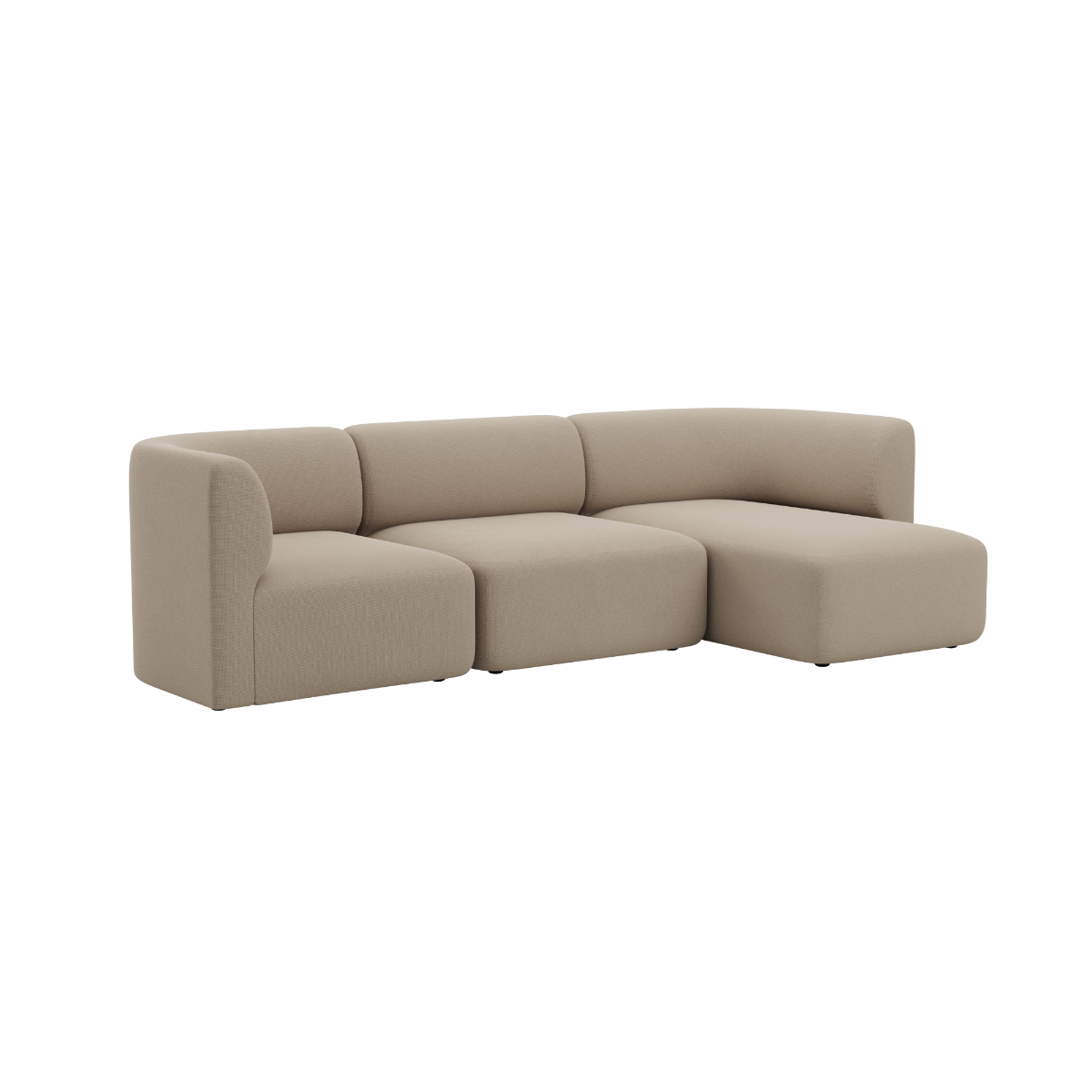 Beigefarbenes dreisitziges Sofa mit rechter Chaiselongue im skandinavischen Design von sackit