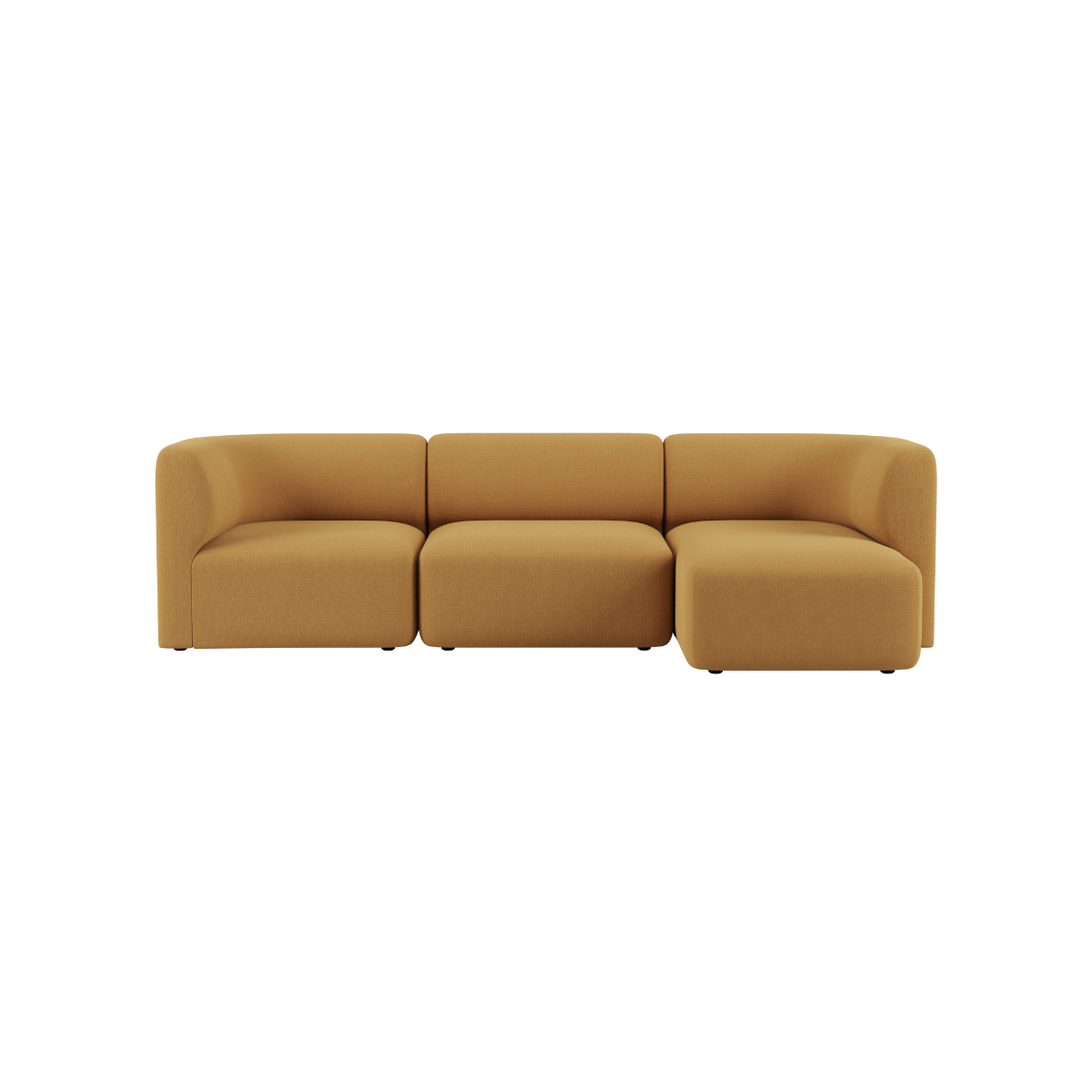 Braunes skandinavisches Sofa mit drei Sitzplätzen und rechter Chaiselongue auf schwarzem Hintergrund von sackit