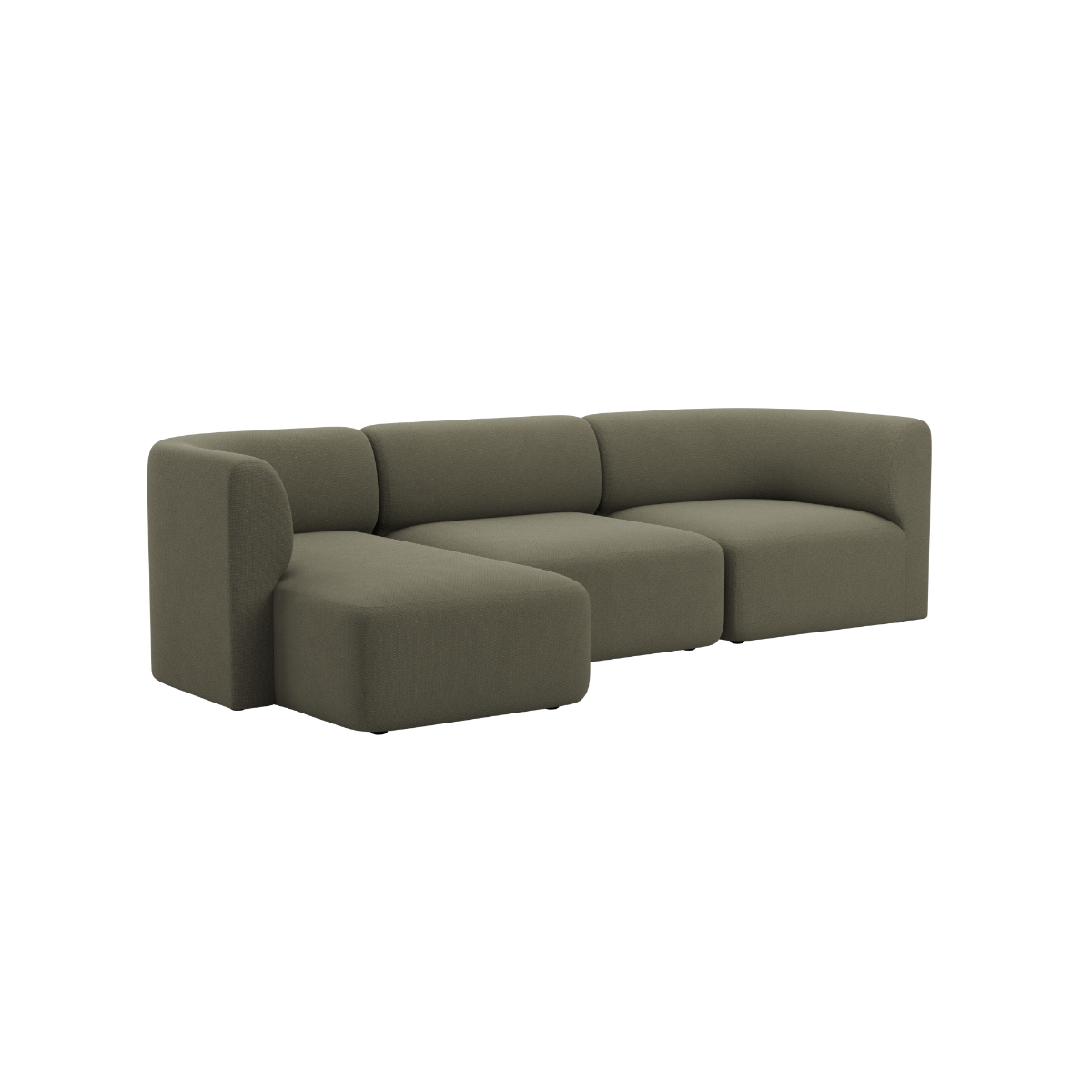 Olivgraues dreisitziges Fjord Sofa mit linker Chaiselongue und weichen abgerundeten Polstern von sackit im skandinavischen Design