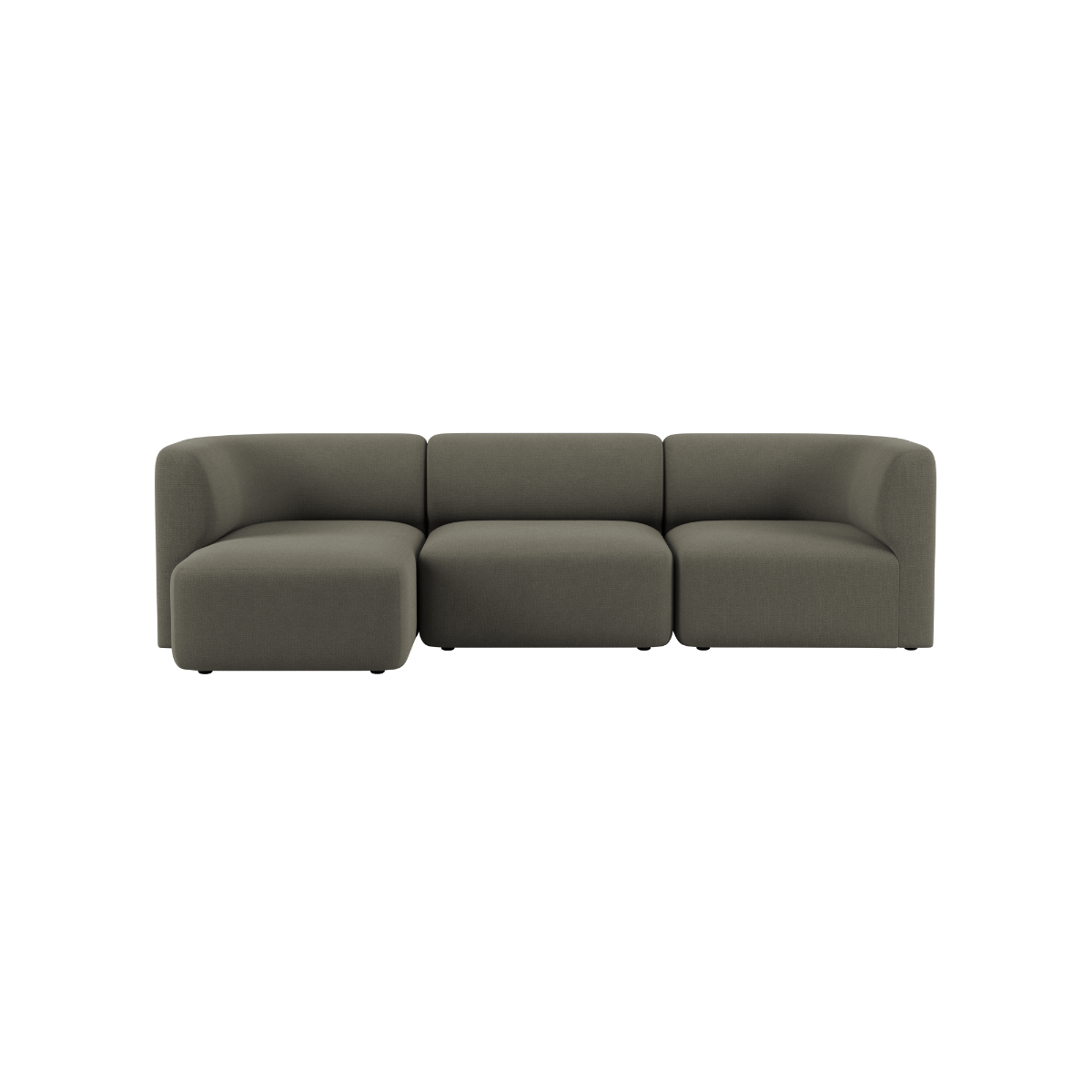Dunkelgraues dreisitziges Sofa mit linker Chaiselongue in klarer skandinavischer Formensprache von sackit