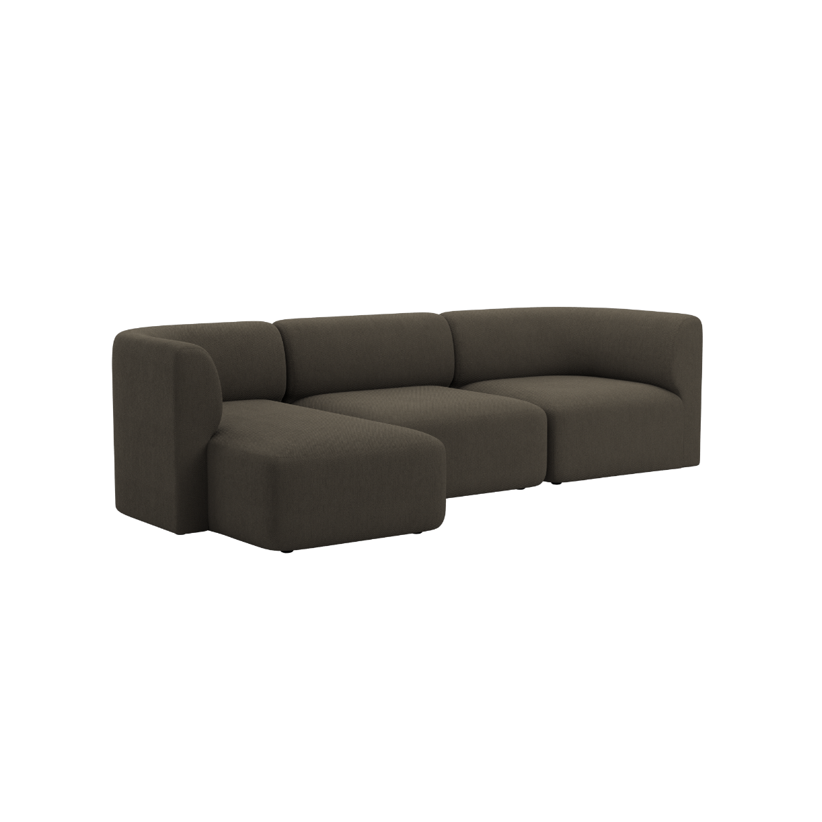 Dunkelbraunes dreisitziges Sofa mit linker Chaiselongue im ruhigen skandinavischen Design von sackit