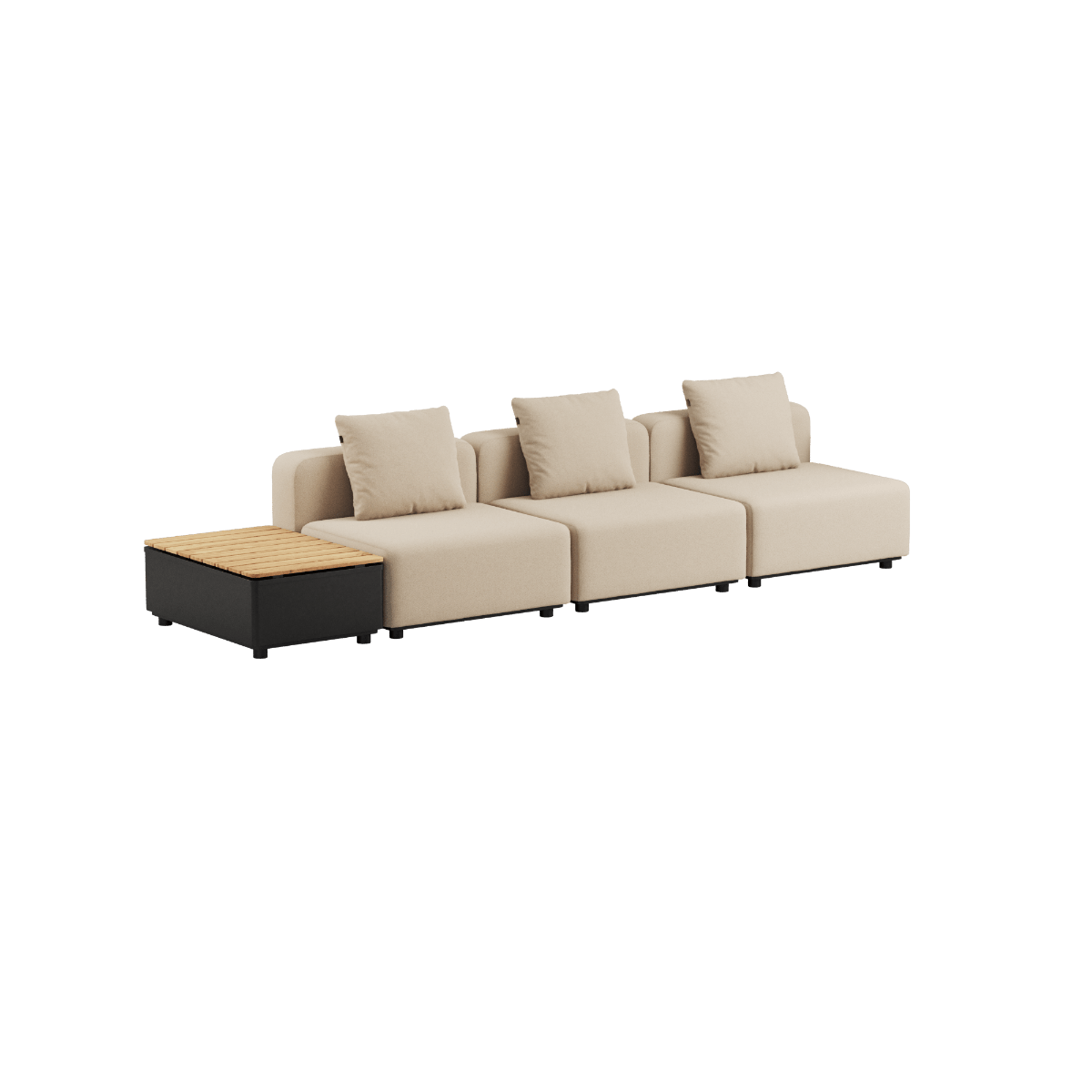Dreisitziges Cobana Lounge Sofa in Bouclé Beige ohne Armlehnen und Hocker mit Patio Storage Table aus Aluminium und Teakholz | Cobana Lounge Sofa - 3 seater w/ Patio Storage Table - Boucle Beige Ohne Armlehnen Ohne Hocker | SACKit